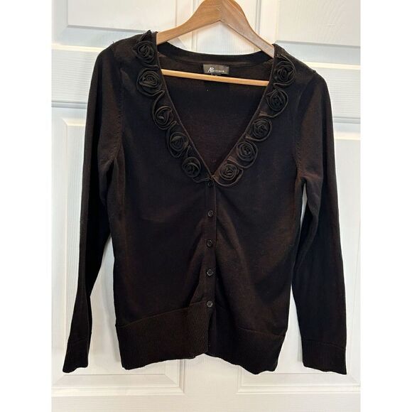 AB Studio Black Knit Sweater with 3D Flowers Women's Size XL - Picture 3 of 7